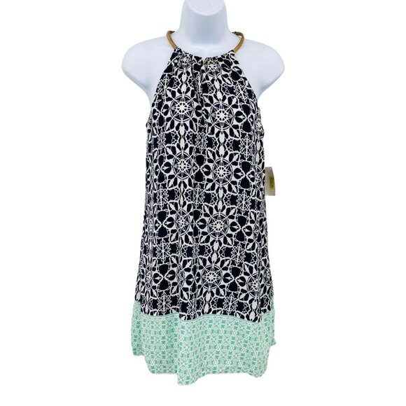 B. Darlin Dress Womens 5/6 Navy‎ Blue Aqua Gold Coil Neckline Geometric NEW - Picture 1 of 9